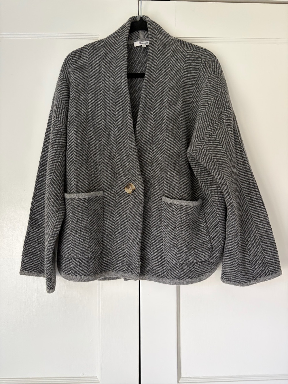 Madewell Gray Herringbone Knit Cropped Sweater Jacket - Size L Merino Wool Blend